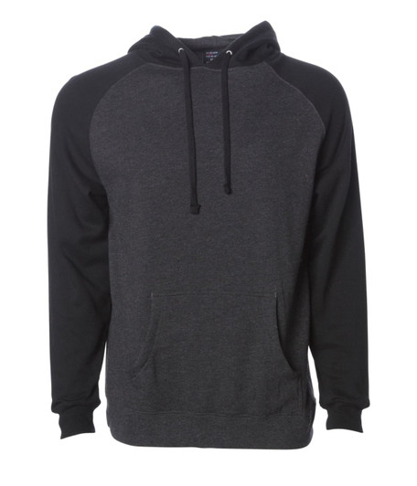 A raglan sleeve pullover hood in charcoal grey with black sleeves, featuring a front pocket and a drawstring hood.