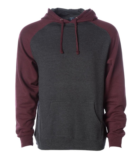 A raglan sleeve pullover hood in dark grey with maroon sleeves, featuring a kangaroo pocket and a hood.