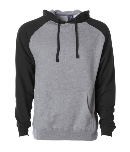 A raglan sleeve pullover hood in grey with black sleeves, featuring a front pocket and a drawstring hood.