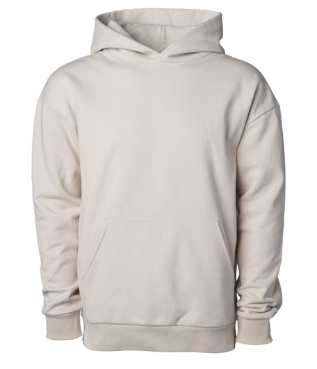 Avenue Pullover Hood in a light beige colour, featuring a front pouch pocket and a logo.