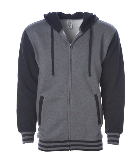 A unisex varsity zip hood made of grey fabric with dark sleeves, featuring a hood and front pockets.