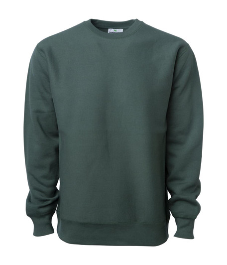 A heavyweight crew sweatshirt in deep green, featuring long sleeves and a classic crew neck design. It has a logo.