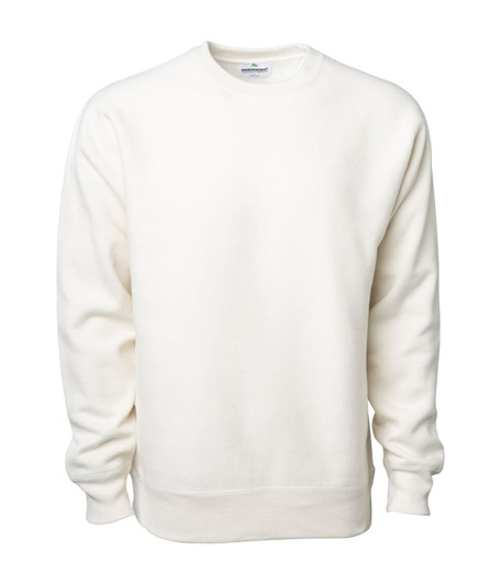 A white heavyweight crew sweatshirt with long sleeves and a crew neckline. It features a logo on the inside.