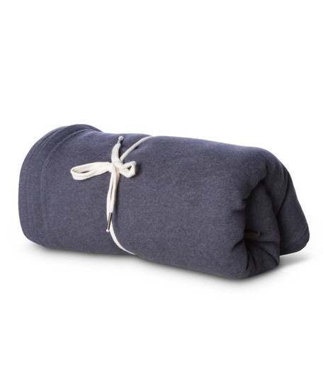 A rolled blue stadium blanket tied with a string, showcasing a soft and warm texture.