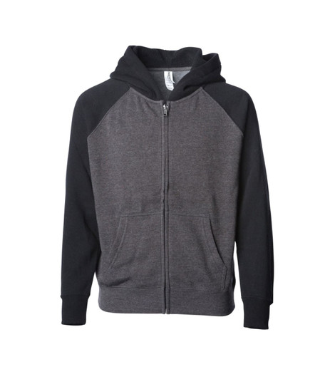 A zip hoodie featuring a black and grey design, with a kangaroo pocket and a hood. It has raglan sleeves.