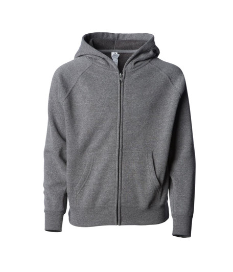 A grey zip hoodie for toddlers, featuring a hood and front pockets. It has a logo on the sleeve.