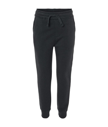 A pair of black toddler sweatpants with an elastic waistband and side pockets. Features a logo on the waistband.