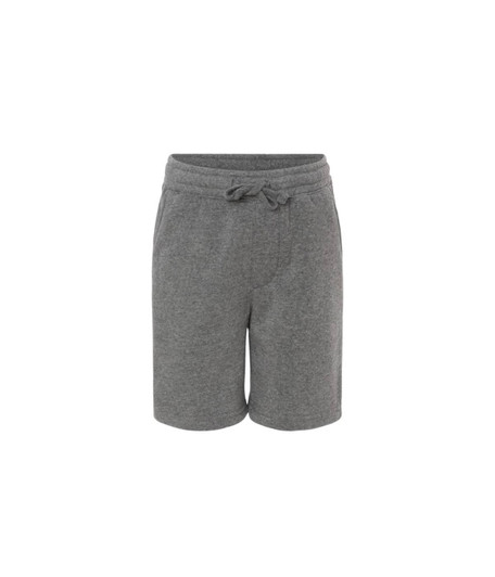 A pair of grey sweatshorts with an elastic waistband and drawstring, featuring a casual design.