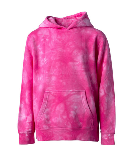 A youth pullover hood in vibrant pink tie-dye pattern with a front pocket and a hood.