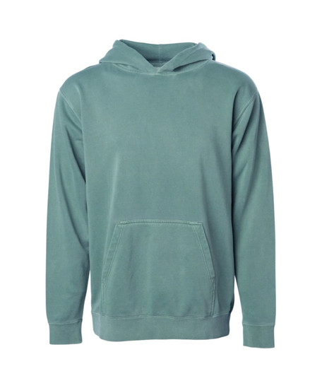 A youth pullover hoodie in a faded green colour with a front pocket and a hood. It features a logo on one side.