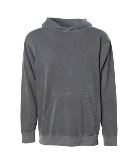 A grey pullover hoodie with a front pocket and a hood. It features a logo on the garment.