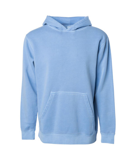 A light blue youth pullover with a hood and a front pocket, featuring a small logo on the chest.