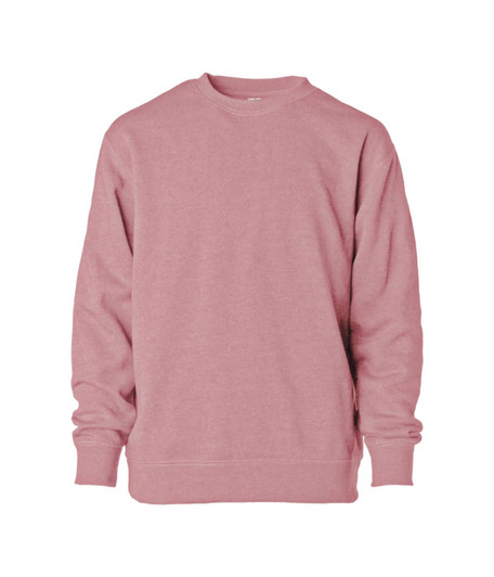 A pink crew sweatshirt with long sleeves and a plain design. It features a logo or branding on the fabric.