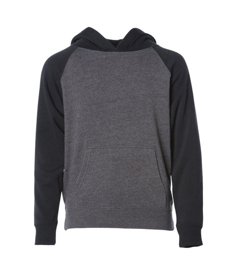 A hoodie featuring a grey body with black sleeves, showcasing a front pouch pocket and a logo on the label.