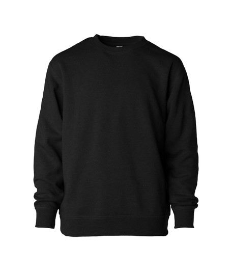 A black crew neck sweatshirt with long sleeves, featuring a logo on the front.