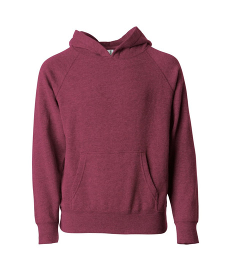 A maroon hoodie with a front pocket and a hood, featuring raglan sleeves and a simple design.
