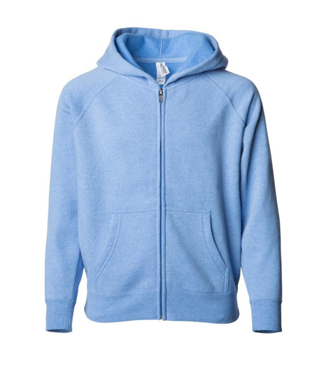 A light blue zip-up hooded sweatshirt with a front pocket and a logo on the label inside.