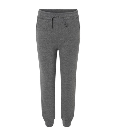 A pair of grey toddler sweatpants featuring an elastic waistband and cuffed ankles, with a logo on the waistband.