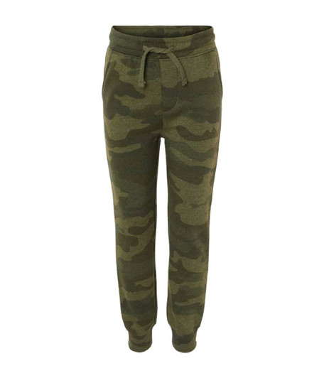 A pair of toddler sweatpants in a green camouflage pattern with an elastic waistband and drawstring.