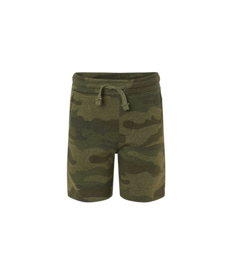 A pair of camouflage-patterned sweatshorts in shades of green, featuring an elastic waistband with a drawstring.