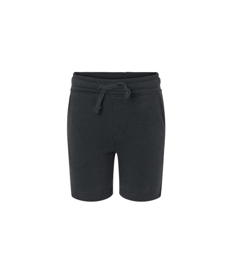 A pair of black toddler sweatshorts with an elastic waistband and adjustable drawstring.