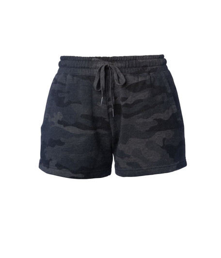 A pair of women's sweatshorts in a dark grey camouflage pattern with an elastic waistband and drawstring.