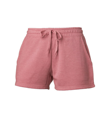 Women's sweatshorts in a soft pink shade with an elastic waistband and side pockets. Features a logo on the design.