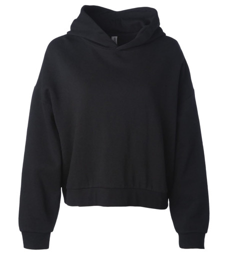 A black cropped hoodie with a hood and long sleeves. It has a relaxed fit and features branding.