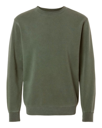 A unisex crew sweater in a muted olive green tone, featuring long sleeves and a crew neck design.