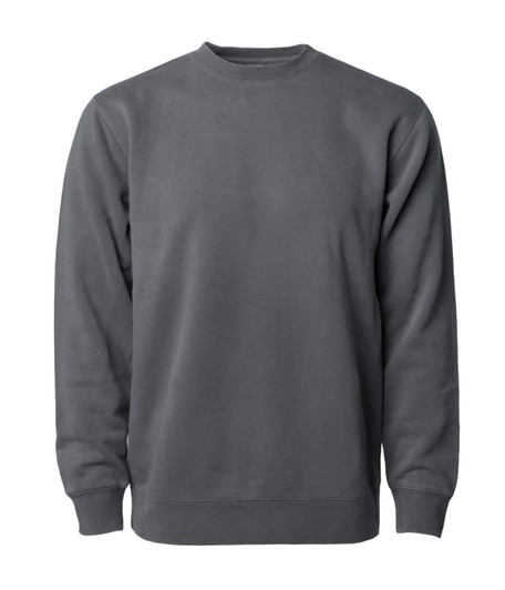 A unisex crew sweatshirt in a dark grey pigment dye, featuring long sleeves and a classic fit.