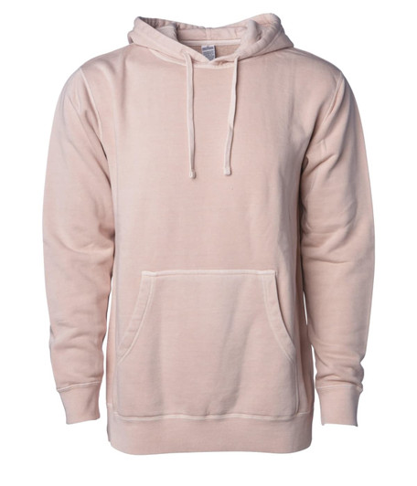 A unisex pullover hoodie in a soft pink hue with a front pocket and drawstring hood. It features a logo.