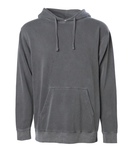 A unisex pigment dye pullover hoodie in a muted grey colour with a front pocket and a drawstring hood.