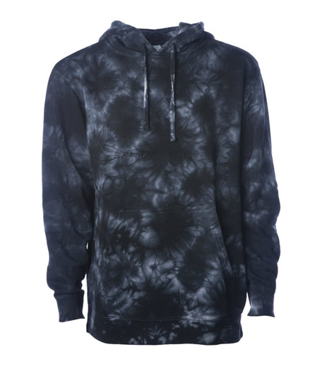 A unisex tie-dye pullover hood in black and grey with a circular pattern and a front pocket. It has a logo.