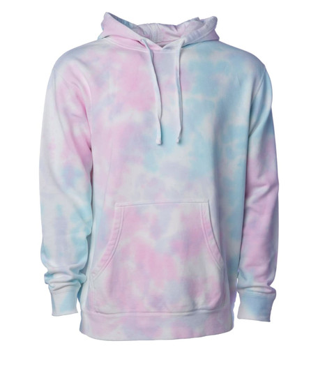 A unisex tie-dye pullover hood in pastel pink and blue, featuring a front pocket and a hood with drawstrings.