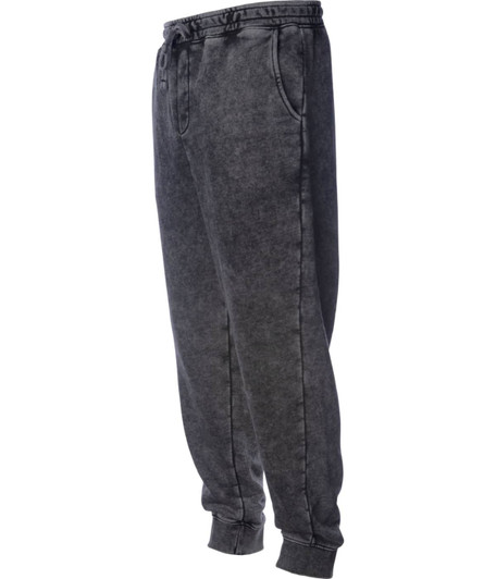 Men's mineral wash sweatpants in black, featuring an elastic waistband and cuffed ankles. Includes a branding logo.