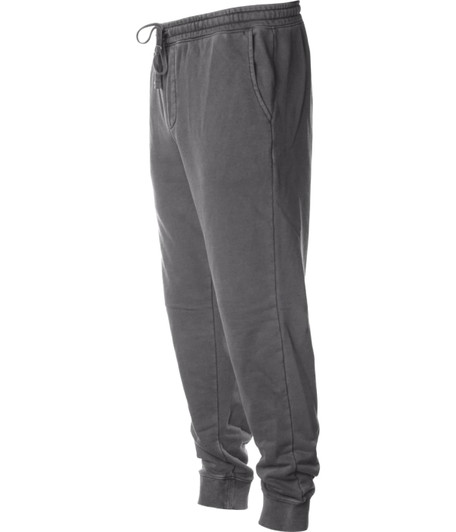 A pair of grey pigment dye sweatpants with a drawstring and side pockets, featuring an elasticated waistband and cuffs.