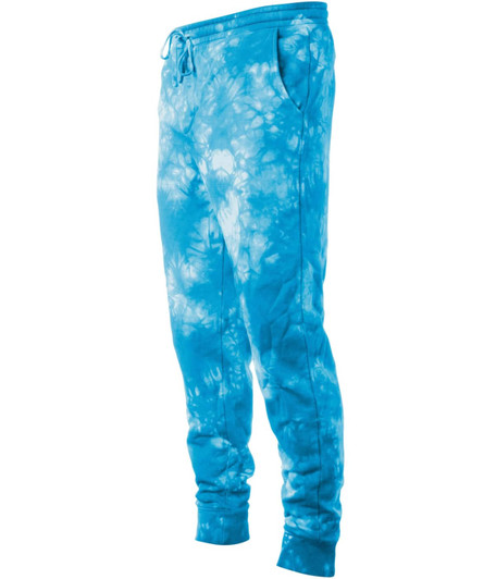 A pair of blue tie-dye sweatpants with a loose fit and pockets, featuring an elastic waistband.