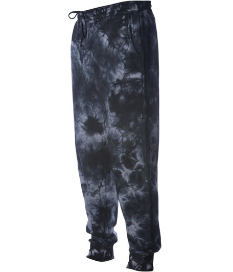 A pair of men's tie-dye sweatpants in black and grey, featuring an elastic waistband and cuffs.