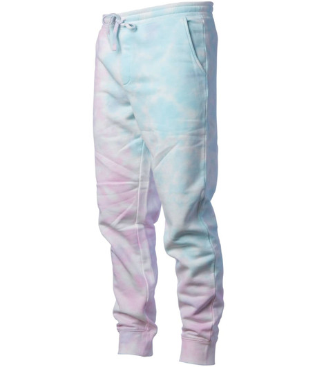 A pair of men's tie dye sweatpants in pastel blue and pink shades, featuring a drawstring waist and cuffed ankles.