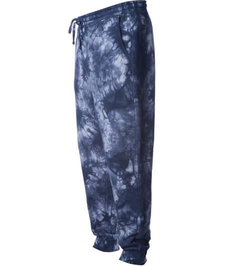 A pair of men's tie-dye sweatpants in shades of navy blue, featuring an elastic waistband with a drawstring and tapered cuffs.