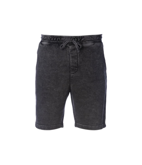 Men's mineral wash sweatshorts in a dark grey hue, featuring an elasticised waistband and drawstring.