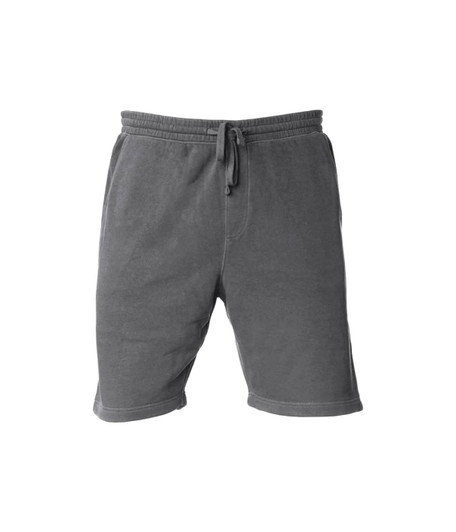 A pair of grey pigment-dyed sweatshorts with an elastic waistband and drawstring detail.