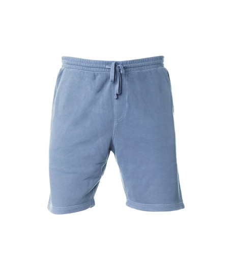 Men's sweatshorts in a soft blue pigment dye, featuring an elastic waistband and drawstring. Includes a logo.