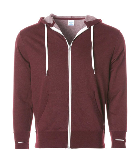 A unisex heather fitted zip hoodie in maroon with a grey hood and drawstrings, featuring a front zipper and pockets.