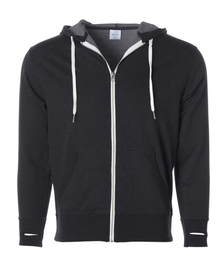 A unisex fitted zip hoodie in black, featuring a grey interior hood and drawstrings, with a front pocket and branding.