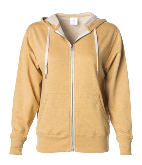 A unisex fitted zip hoodie in a light golden yellow colour with a grey-lined hood and two front pockets.