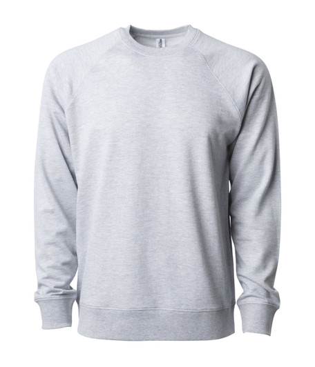 A grey unisex lightweight loopback terry crew sweatshirt with long sleeves and a round neckline.