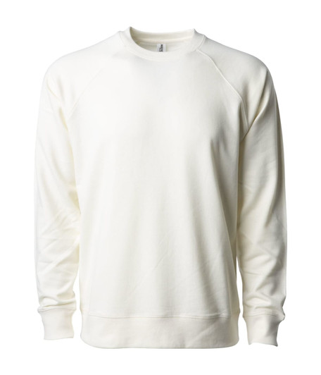 A unisex lightweight crew sweatshirt in a light cream colour, featuring a round neck and long sleeves. It has a logo.
