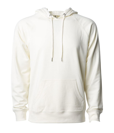 A unisex lightweight loopback terry hood in cream with a front pocket and a hood. It features a brand logo.