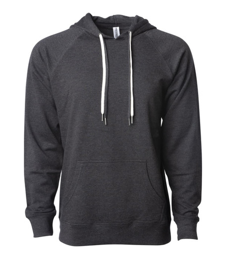 A dark grey unisex lightweight loopback terry hooded sweatshirt with a front pocket and drawstring.